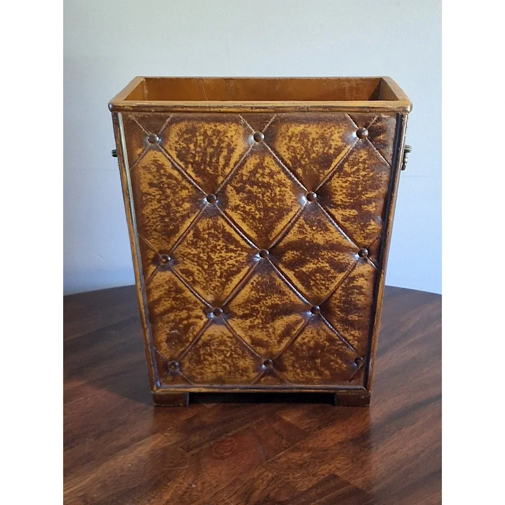 Vintage MCM Faux Leather Diamond Quilted Wood Wastebasket GVC